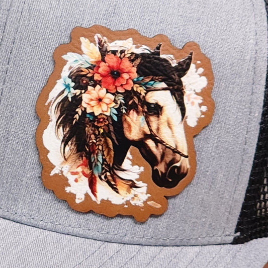 Floral Horse UV Printed Leatherette Hat Patch - MR01 - LoneStar Adhesive