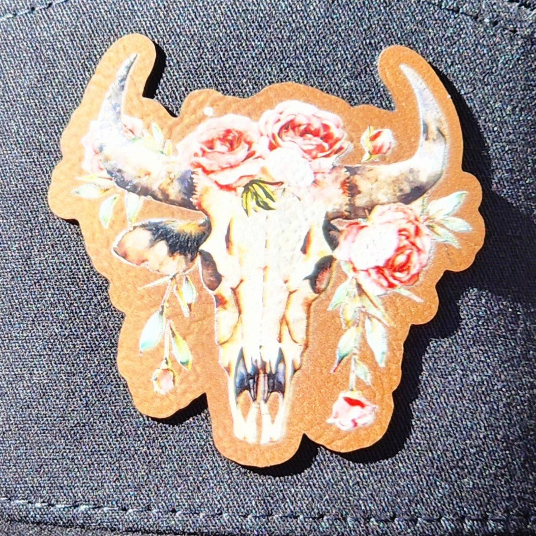 Floral Skull Art UV Printed Leatherette Hat Patch - MR01 - LoneStar Adhesive