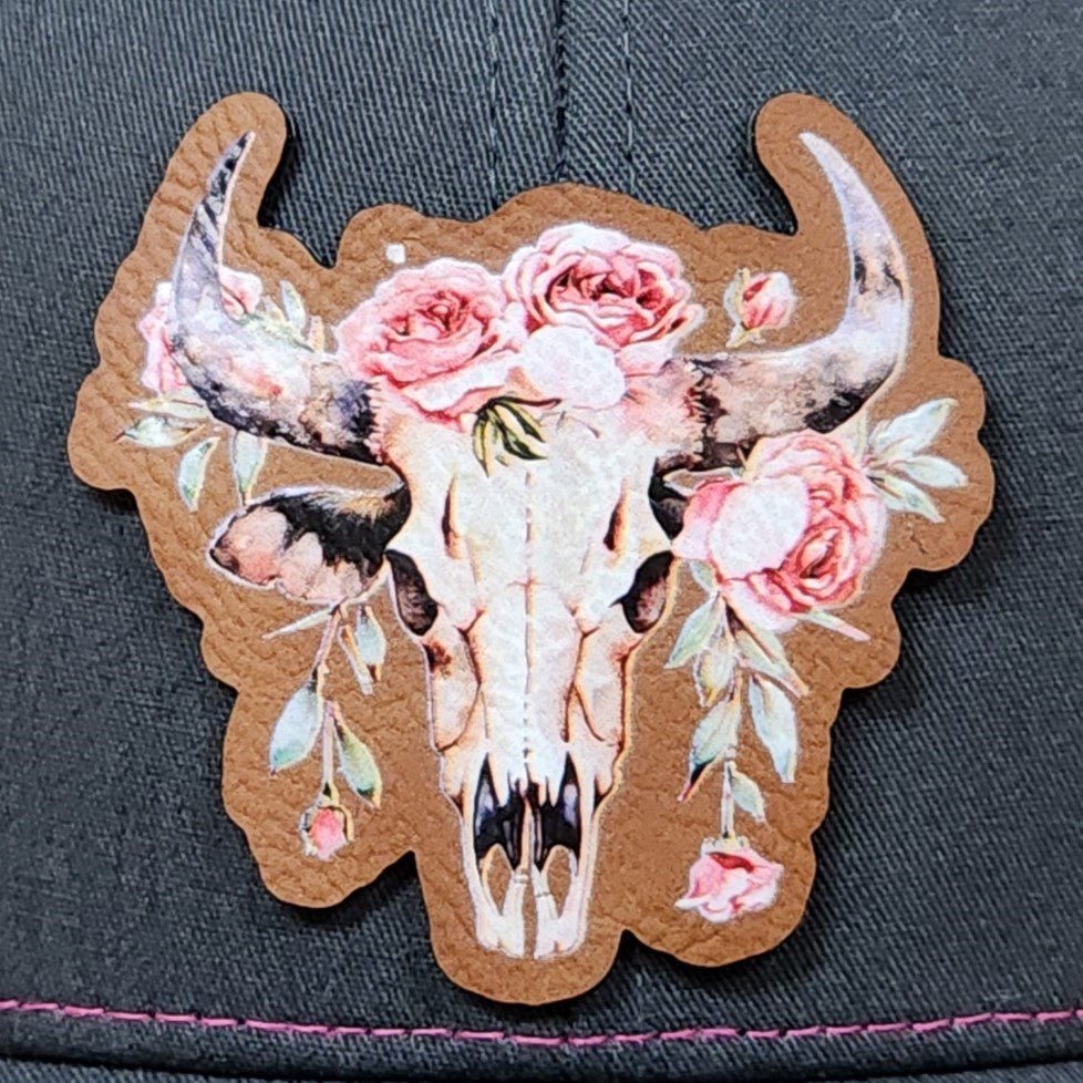Floral Skull Design UV Printed Leatherette Hat Patch - MR01 - LoneStar Adhesive
