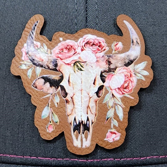 Floral Skull Design UV Printed Leatherette Hat Patch - MR01 - LoneStar Adhesive
