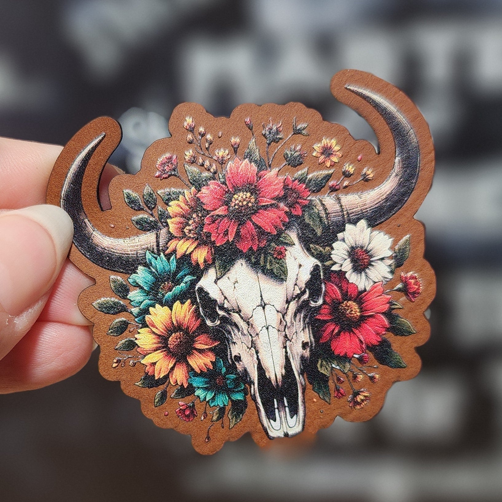 Floral Skull Design UV Printed Leatherette Hat Patch - MR01 - LoneStar Adhesive