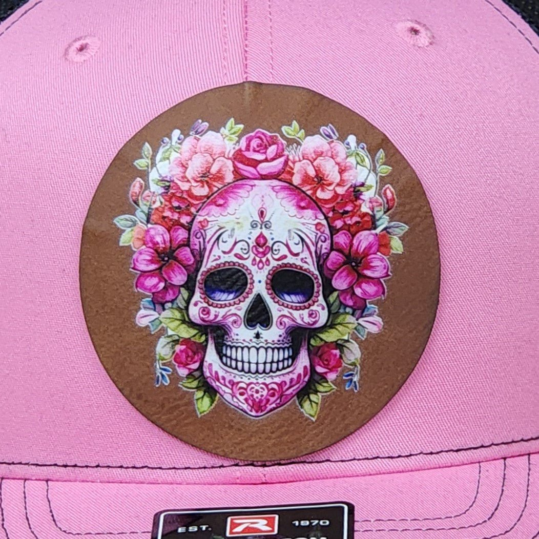 Floral Sugar Skull Art UV Printed Leatherette Hat Patch - MR01 - LoneStar Adhesive