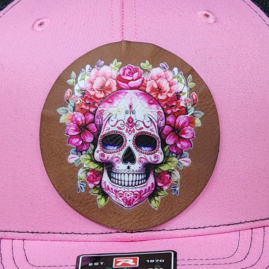 Floral Sugar Skull Art UV Printed Leatherette Hat Patch - MR01 - LoneStar Adhesive