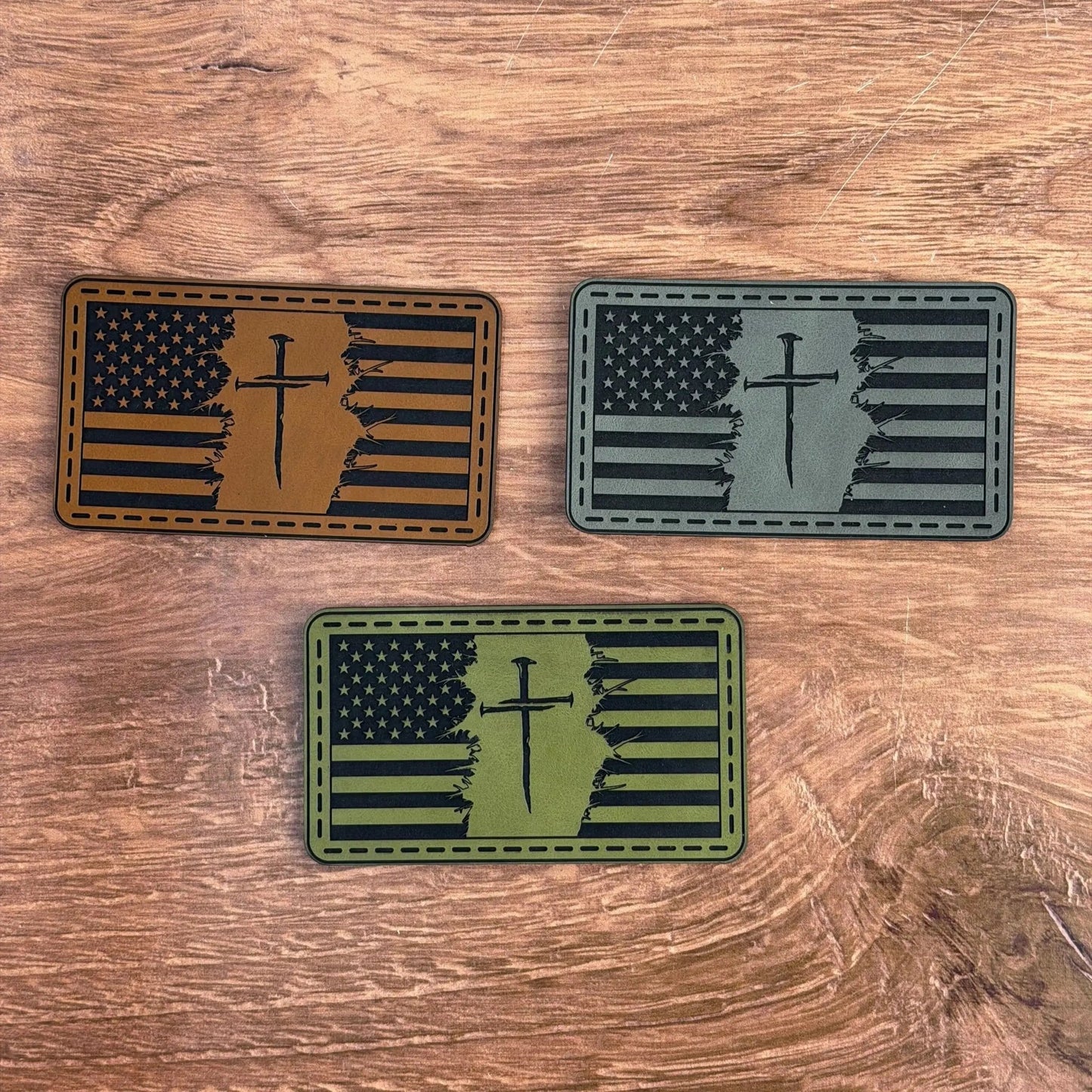 Forged in Faith – Nailed Cross Flag Patch – Laser Engraved Leather Patch - LoneStar Adhesive