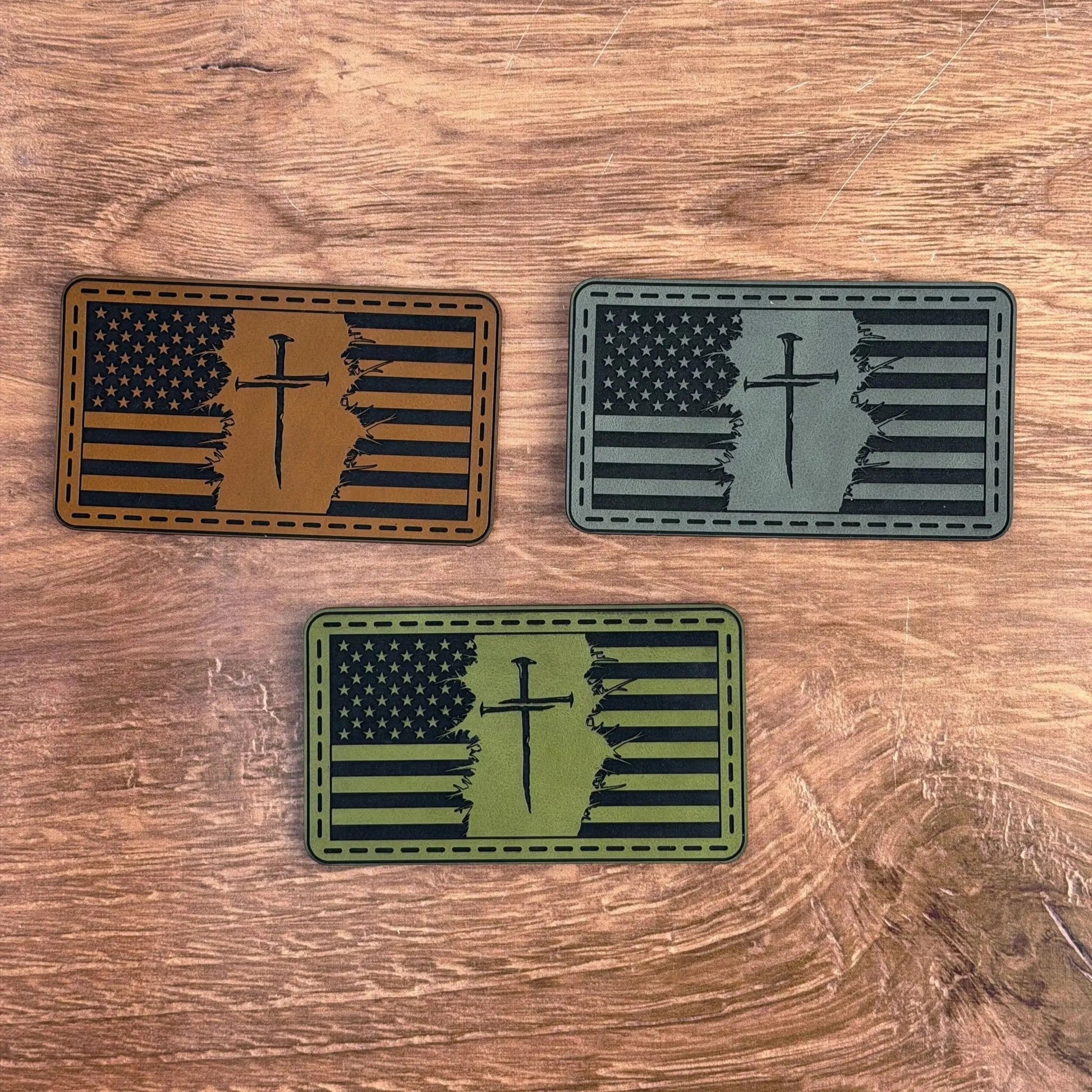 Forged in Faith – Nailed Cross Flag Patch – Laser Engraved Leather Patch - LoneStar Adhesive
