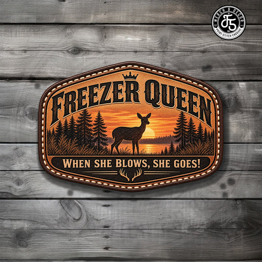 Freezer Queen Deer Hunting UV Printed Leatherette Hat Patch - LoneStar Adhesive