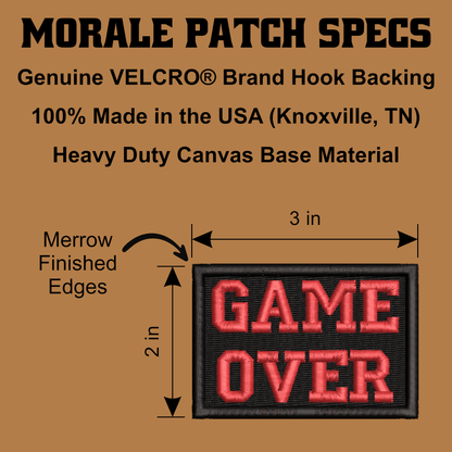 Game Over Funny Gamer Morale Patch, 2x3" | Made in USA | VELCRO® Brand Hook Backing - LoneStar Adhesive