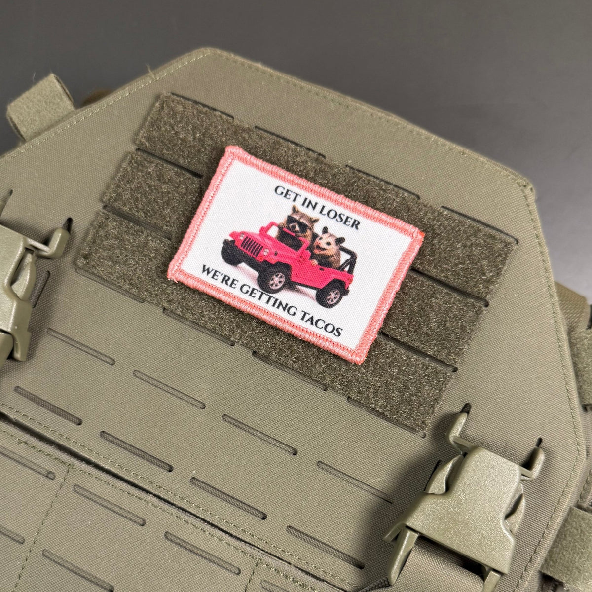 Get In Loser, We're Getting Tacos Funny Morale Patch, 2x3" | Made in USA | VELCRO® Brand Hook Backing - #LoneStar Adhesive#