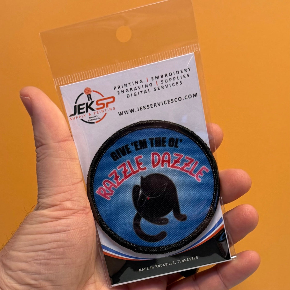 Give 'Em The Razzle Dazzle Funny Printed Morale Patch, 3" Round | VELCRO® Brand Hook Backing - #LoneStar Adhesive#
