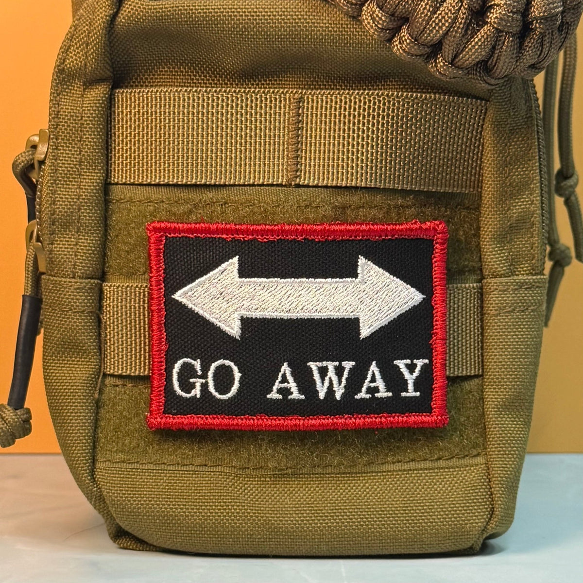 Go Away Funny Morale Patch, 2x3" | Made in USA | VELCRO® Brand Hook Backing - LoneStar Adhesive