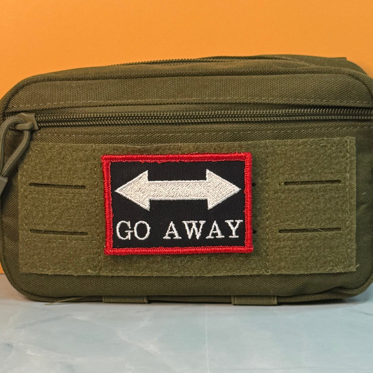 Go Away Funny Morale Patch, 2x3" | Made in USA | VELCRO® Brand Hook Backing - LoneStar Adhesive