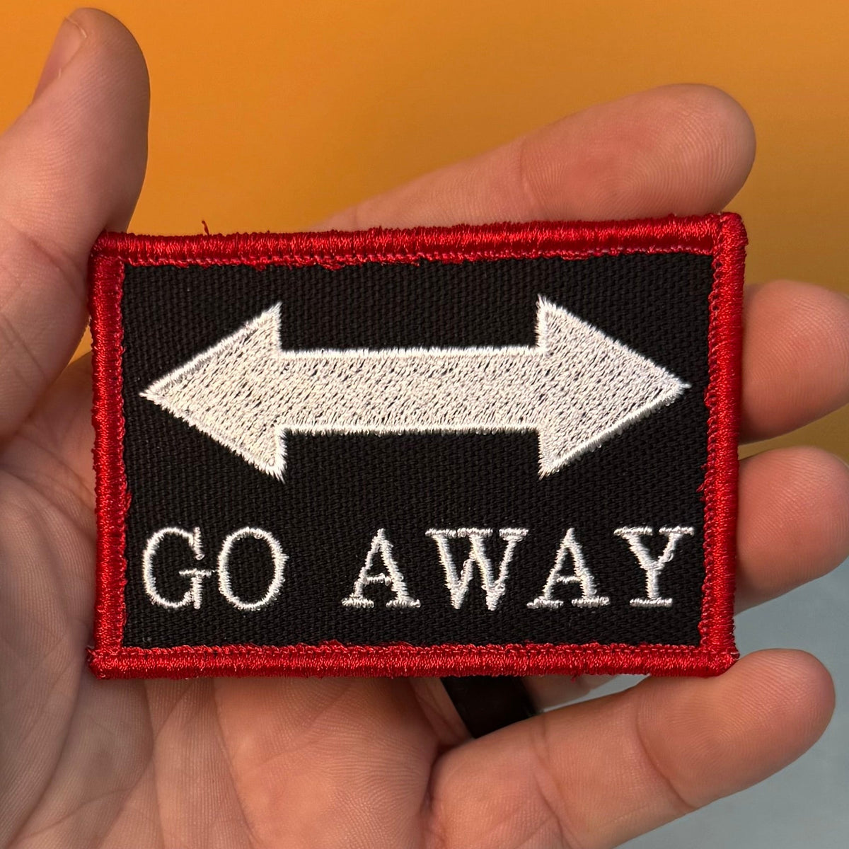 Go Away Funny Morale Patch, 2x3" | Made in USA | VELCRO® Brand Hook Backing - LoneStar Adhesive