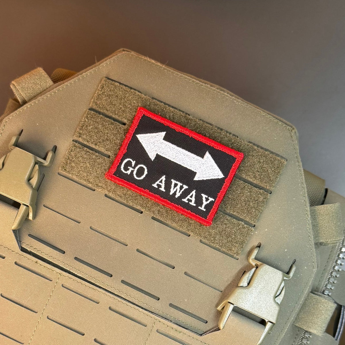 Go Away Funny Morale Patch, 2x3" | Made in USA | VELCRO® Brand Hook Backing - LoneStar Adhesive