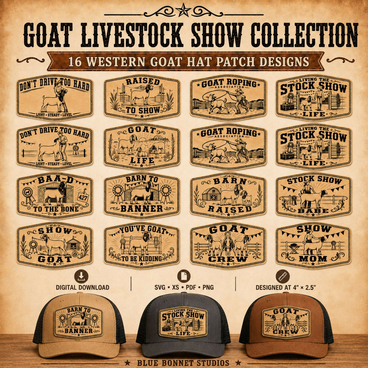 Goat Livestock Show SVG Bundle, 16 Western Hat Patch Designs, 4H FFA Goat Show Laser Files, Leatherette Patch Digital Download - LoneStar Adhesive