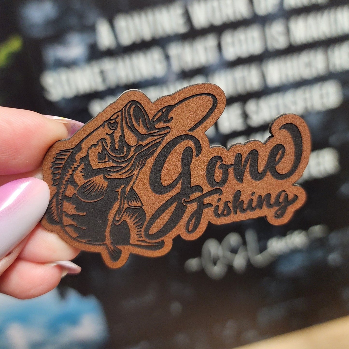 Gone Fishing Engraved Leatherette Hat Patch - MR01 - LoneStar Adhesive
