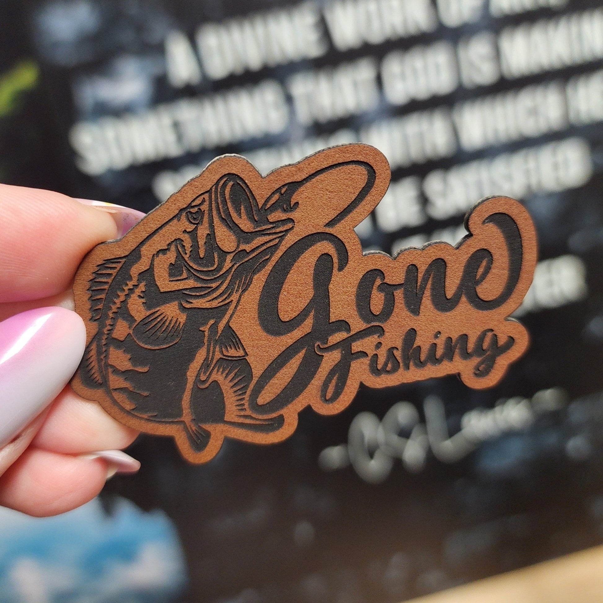 Gone Fishing Engraved Leatherette Hat Patch - MR01 - LoneStar Adhesive