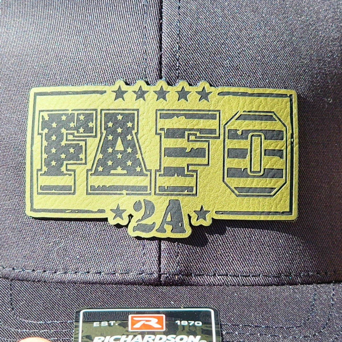 Green FAFO 2A Patriotic Badge Engraved Leatherette Hat Patch - MR01 - LoneStar Adhesive