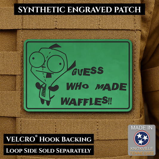 Front design and hook backing of Guess Who Made Waffles, Gir patch in green