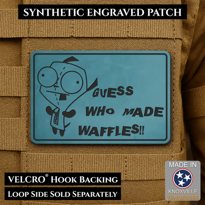 Front design and hook backing of Guess Who Made Waffles, Gir patch in topaz blue
