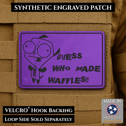 Front design and hook backing of Guess Who Made Waffles, Gir patch in purple