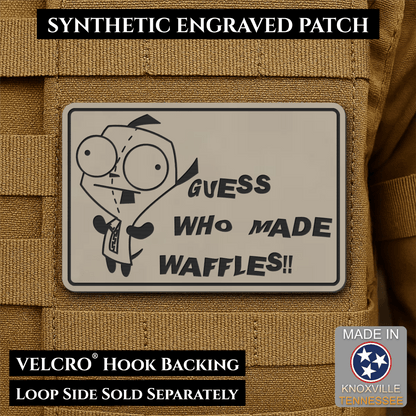 Front design and hook backing of Guess Who Made Waffles, Gir patch in sand (light tan)