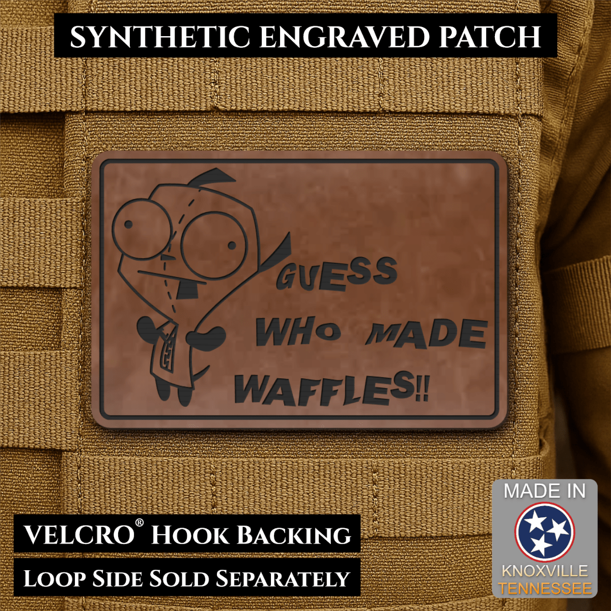 Front design and hook backing of Guess Who Made Waffles, Gir patch in walnut faux leather