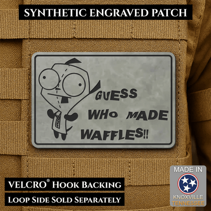 Front design and hook backing of Guess Who Made Waffles, Gir patch in flint gray