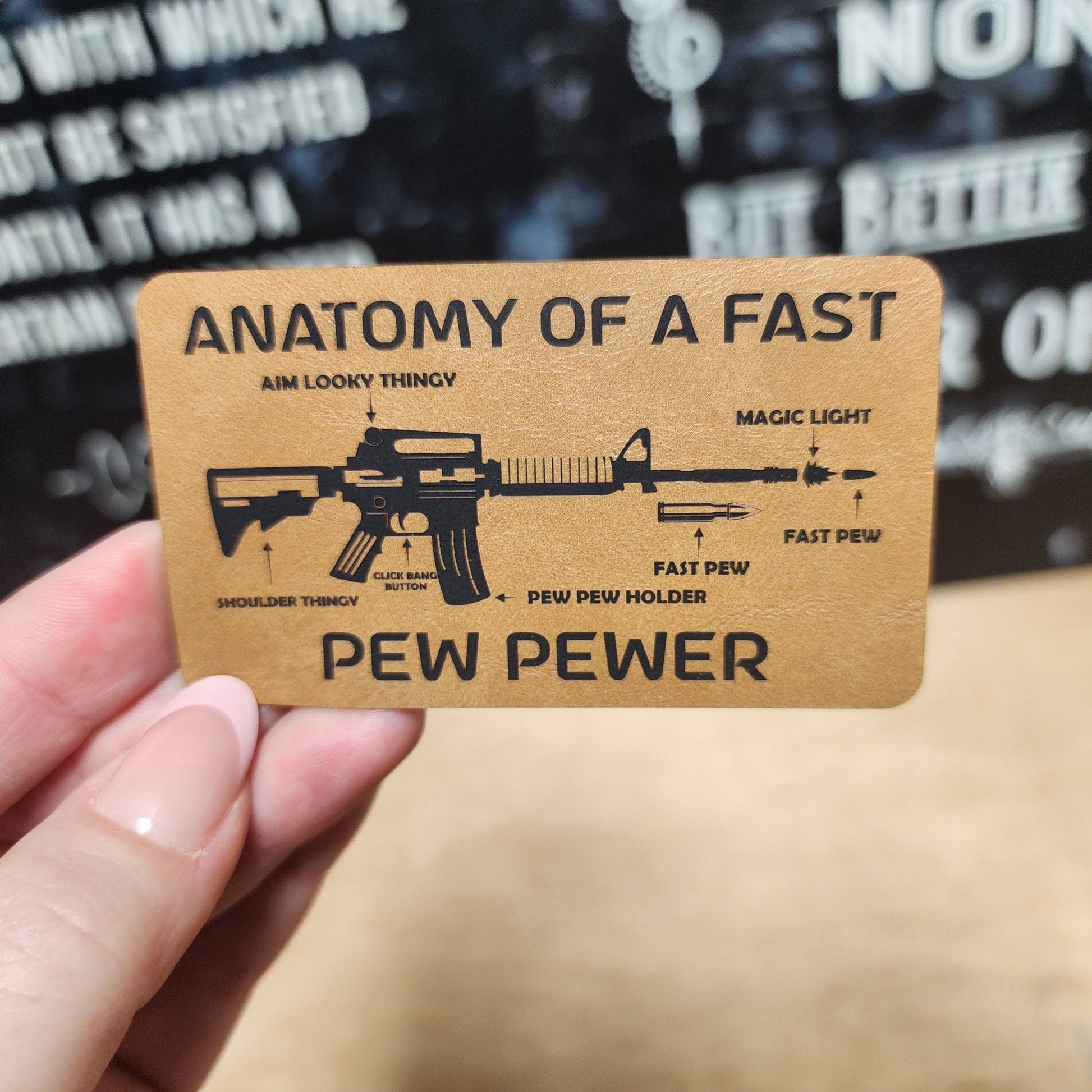 Gun Anatomy Pew Pew Engraved Leatherette Hat Patch - MR01 - LoneStar Adhesive
