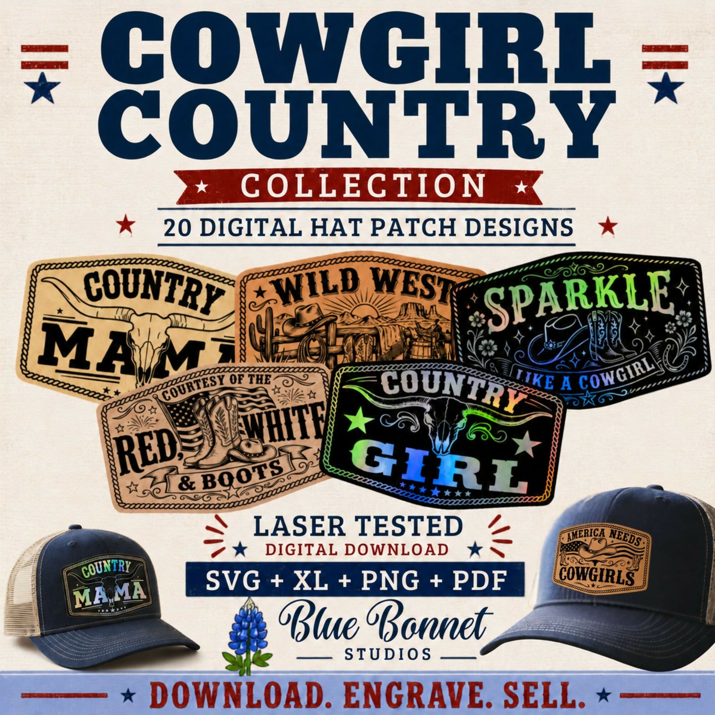 Cowgirl Country Hat Patch SVG Bundle with Holographic Leatherette Designs