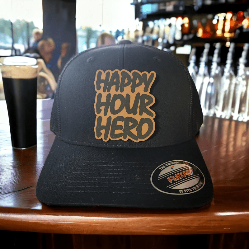 Happy Hour Hero Leather Patch Trucker Hat - #LoneStar Adhesive#