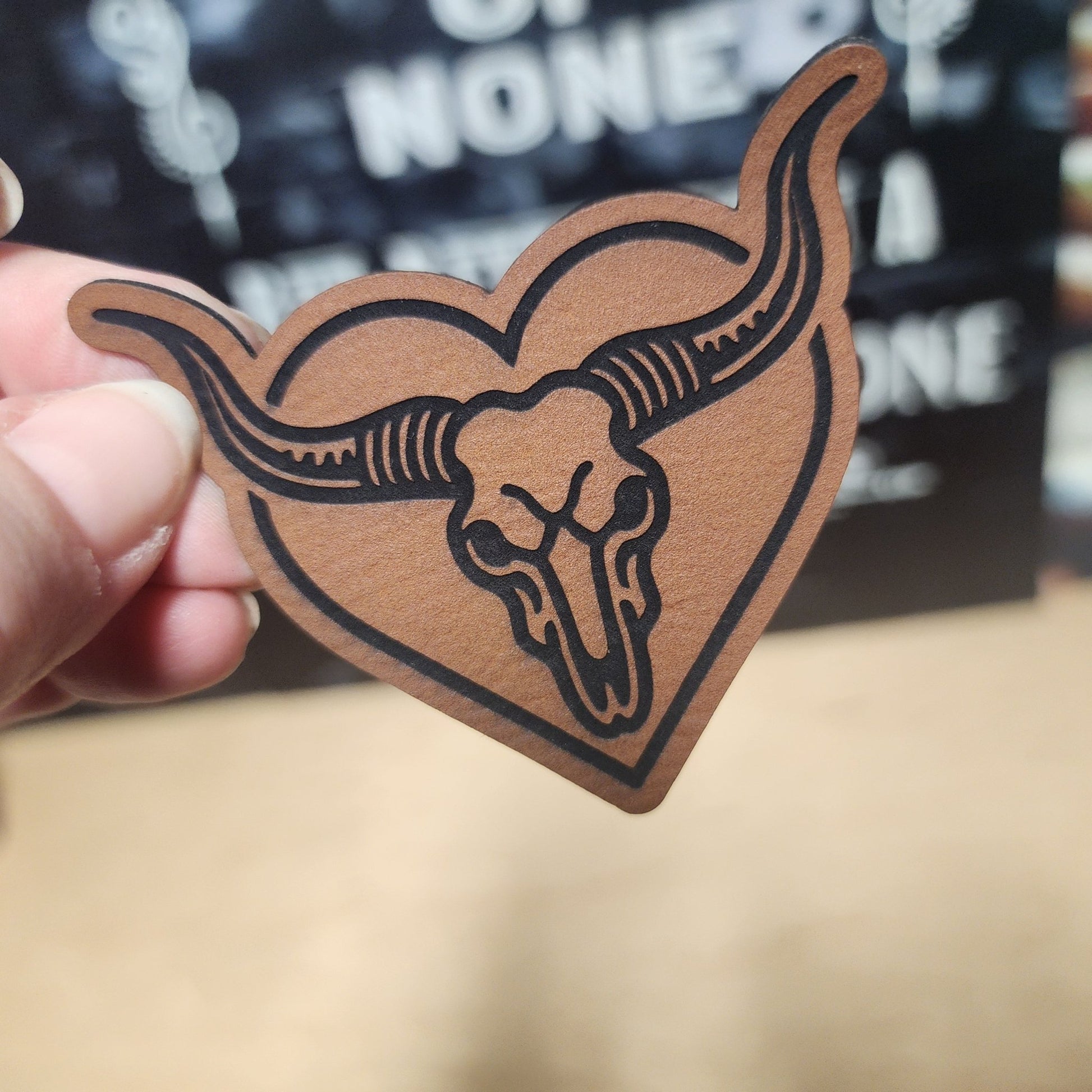 Heart - Shaped Bull Skull Engraved Leatherette Hat Patch - MR01 - LoneStar Adhesive