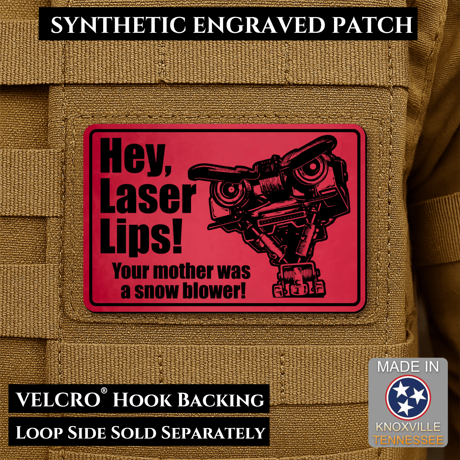 Hey Laser Lips, Johnny 5 Retro Funny Morale Patch, 2x3" | Made in USA | VELCRO® Brand Hook Backing - LoneStar Adhesive