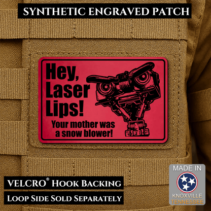 Hey Laser Lips, Johnny 5 Retro Funny Morale Patch, 2x3" | Made in USA | VELCRO® Brand Hook Backing - LoneStar Adhesive