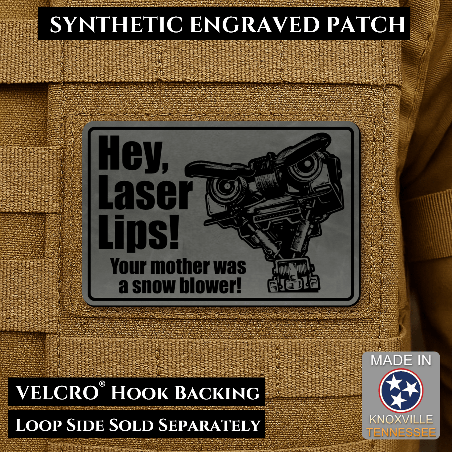 Hey Laser Lips, Johnny 5 Retro Funny Morale Patch, 2x3" | Made in USA | VELCRO® Brand Hook Backing - LoneStar Adhesive