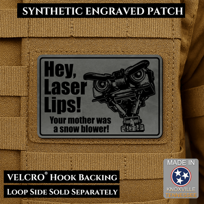 Hey Laser Lips, Johnny 5 Retro Funny Morale Patch, 2x3" | Made in USA | VELCRO® Brand Hook Backing - LoneStar Adhesive