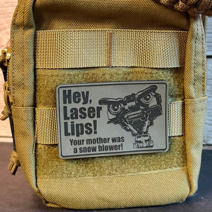 Hey Laser Lips, Johnny 5 Retro Funny Morale Patch, 2x3" | Made in USA | VELCRO® Brand Hook Backing - LoneStar Adhesive