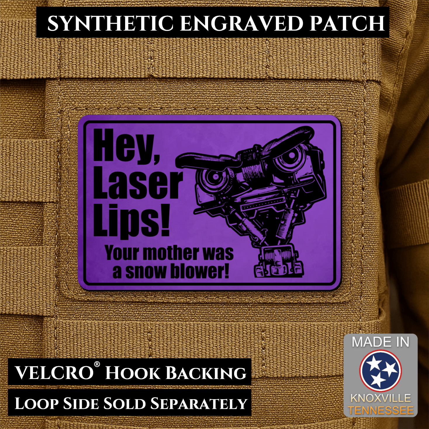 Hey Laser Lips, Johnny 5 Retro Funny Morale Patch, 2x3" | Made in USA | VELCRO® Brand Hook Backing - LoneStar Adhesive