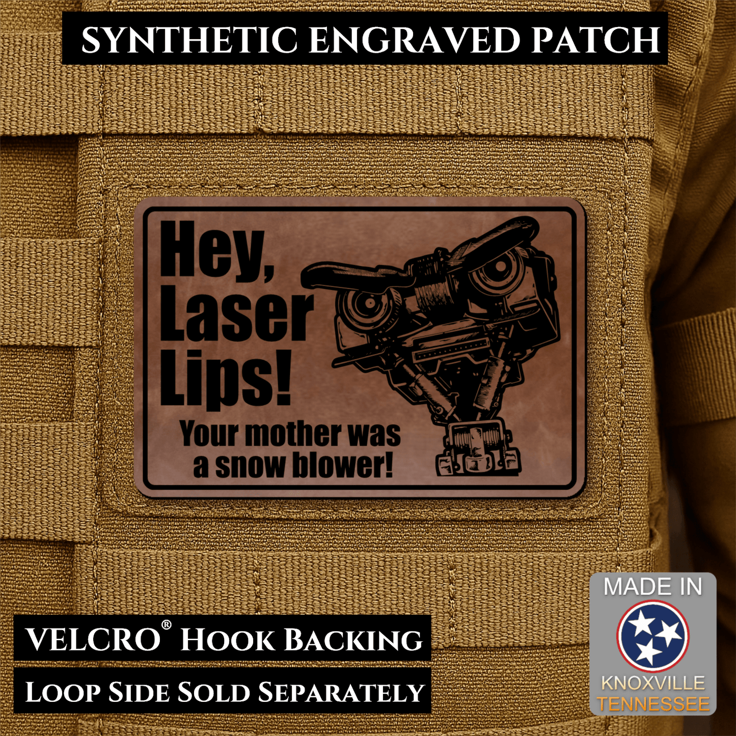 Hey Laser Lips, Johnny 5 Retro Funny Morale Patch, 2x3" | Made in USA | VELCRO® Brand Hook Backing - LoneStar Adhesive