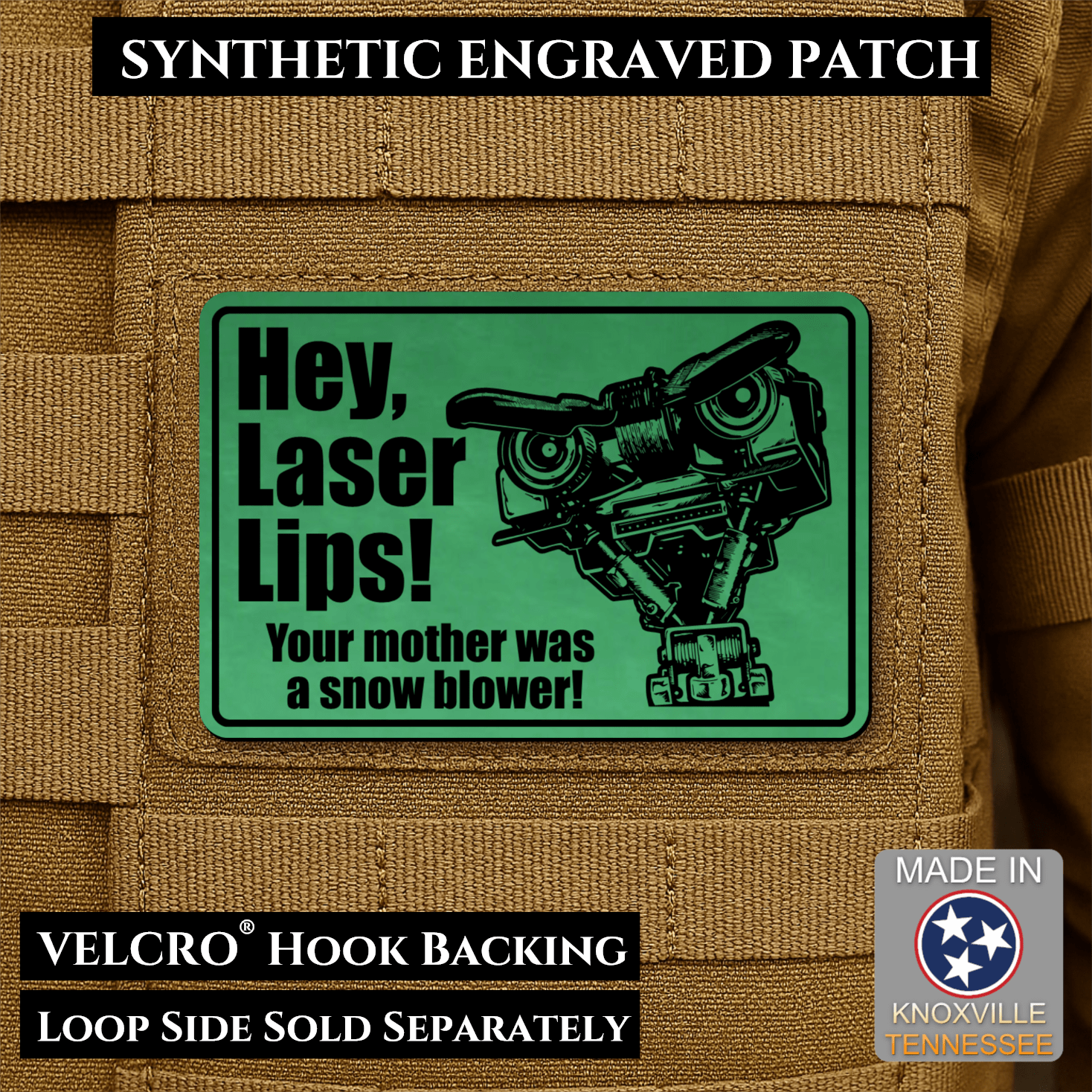 Hey Laser Lips, Johnny 5 Retro Funny Morale Patch, 2x3" | Made in USA | VELCRO® Brand Hook Backing - LoneStar Adhesive