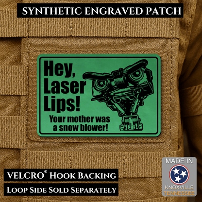 Hey Laser Lips, Johnny 5 Retro Funny Morale Patch, 2x3" | Made in USA | VELCRO® Brand Hook Backing - LoneStar Adhesive