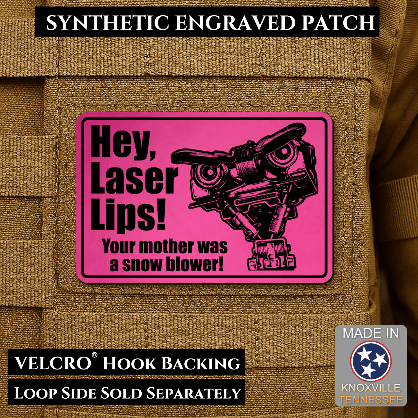 Hey Laser Lips, Johnny 5 Retro Funny Morale Patch, 2x3" | Made in USA | VELCRO® Brand Hook Backing - LoneStar Adhesive
