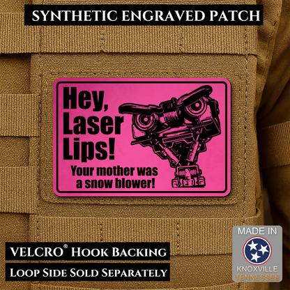 Hey Laser Lips, Johnny 5 Retro Funny Morale Patch, 2x3" | Made in USA | VELCRO® Brand Hook Backing - LoneStar Adhesive