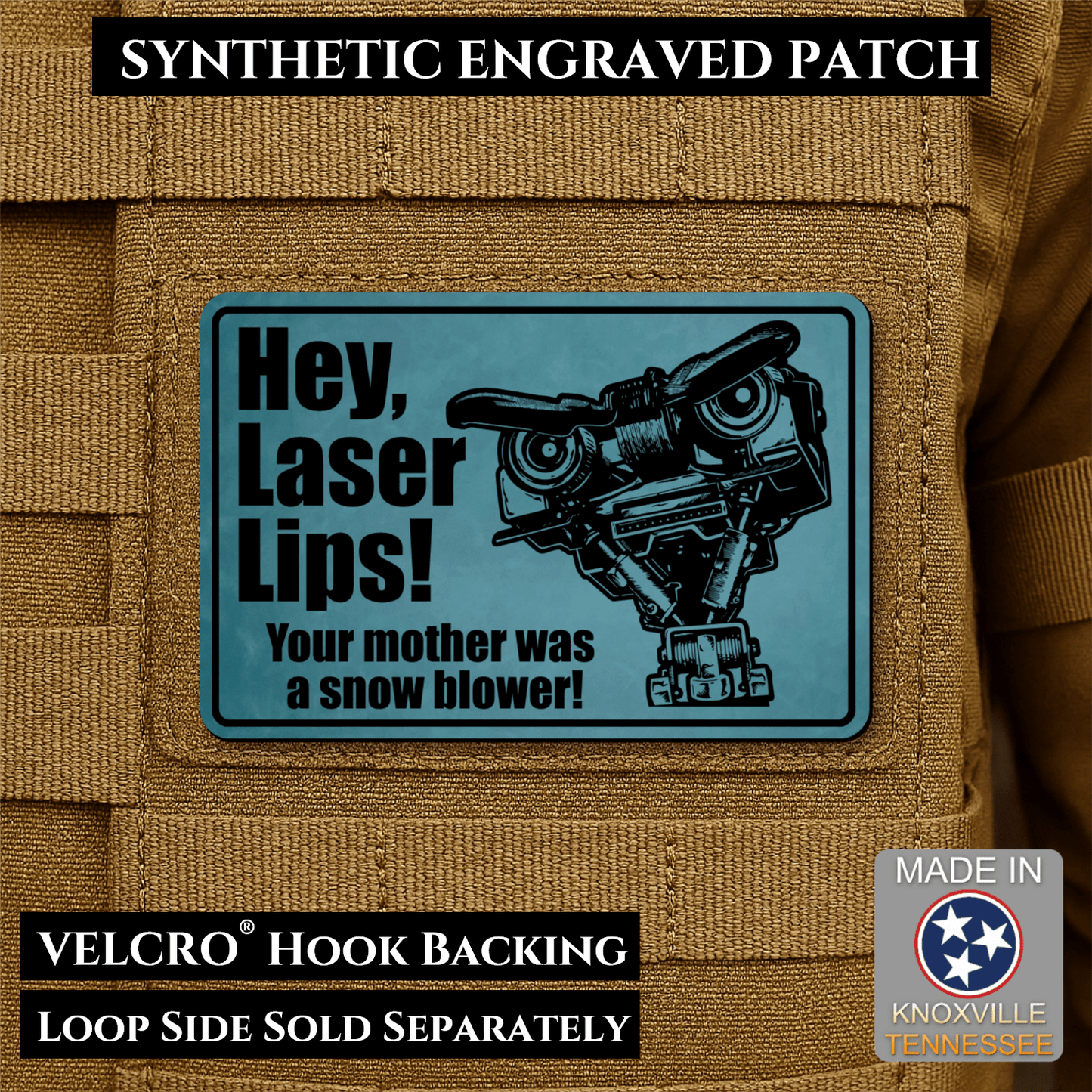 Hey Laser Lips, Johnny 5 Retro Funny Morale Patch, 2x3" | Made in USA | VELCRO® Brand Hook Backing - LoneStar Adhesive