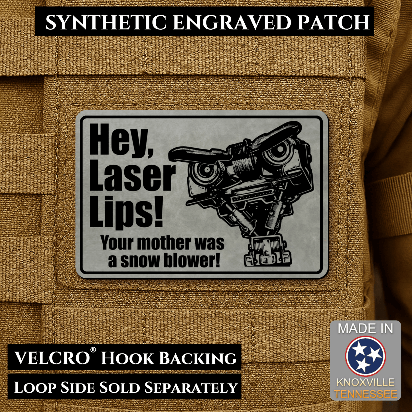 Hey Laser Lips, Johnny 5 Retro Funny Morale Patch, 2x3" | Made in USA | VELCRO® Brand Hook Backing - LoneStar Adhesive