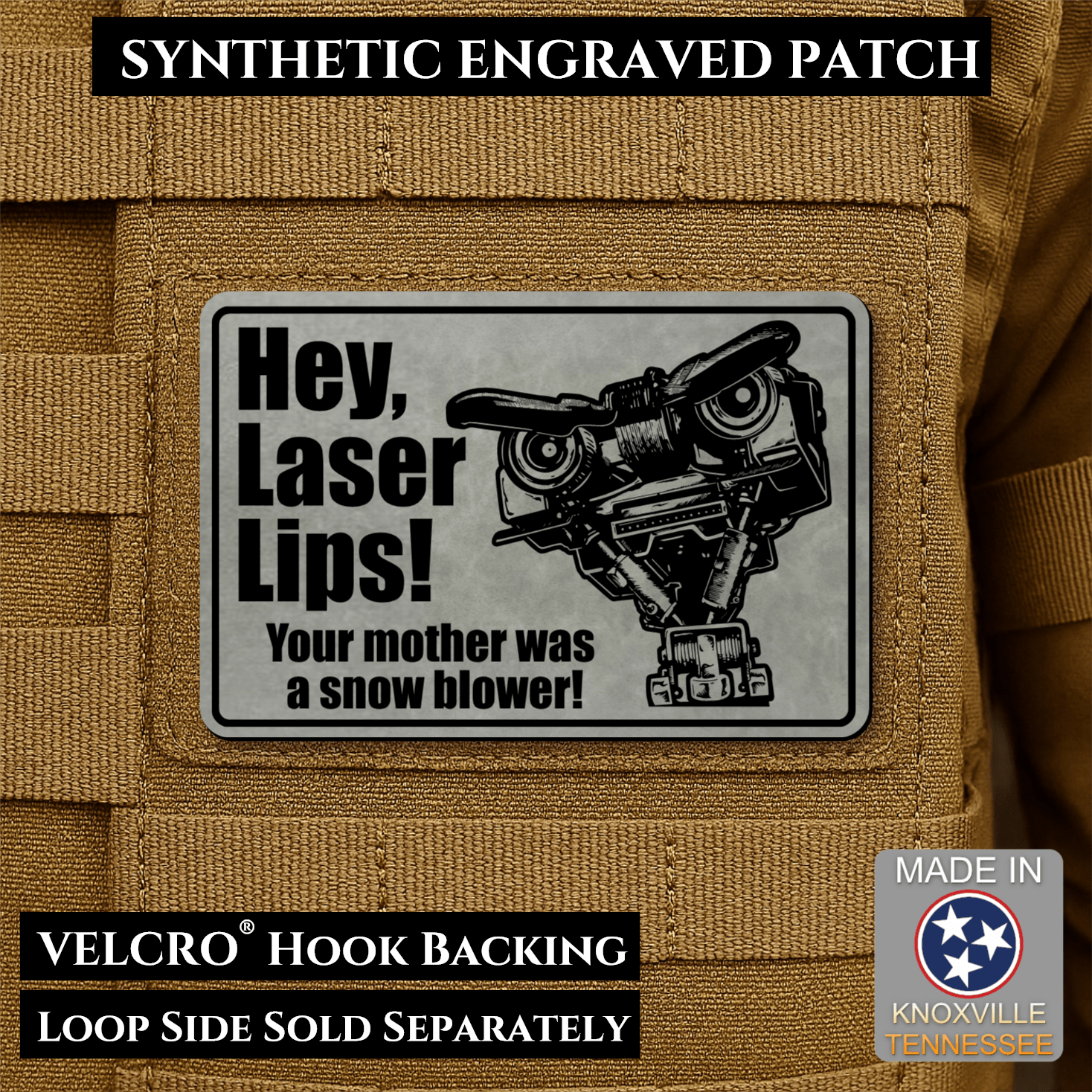 Hey Laser Lips, Johnny 5 Retro Funny Morale Patch, 2x3" | Made in USA | VELCRO® Brand Hook Backing - LoneStar Adhesive
