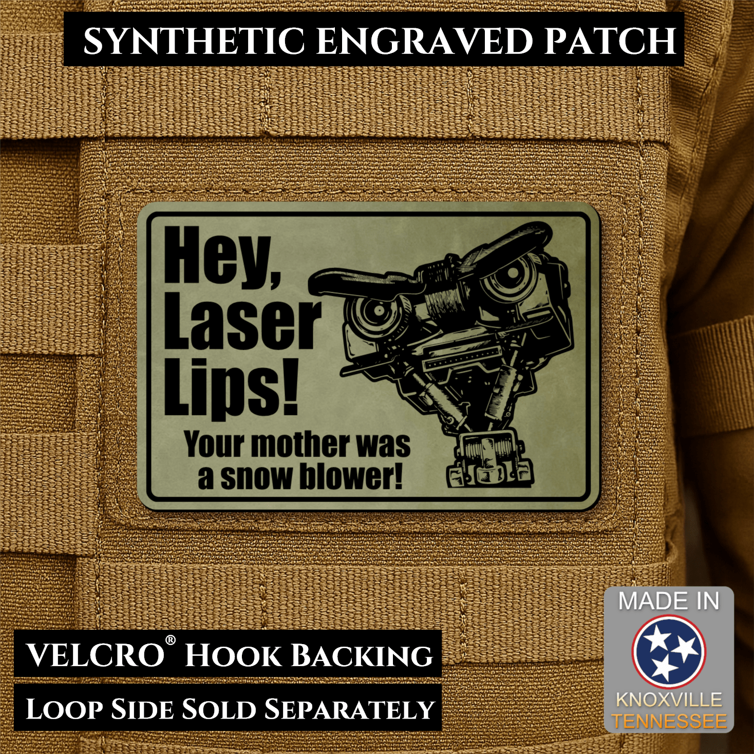 Hey Laser Lips, Johnny 5 Retro Funny Morale Patch, 2x3" | Made in USA | VELCRO® Brand Hook Backing - LoneStar Adhesive
