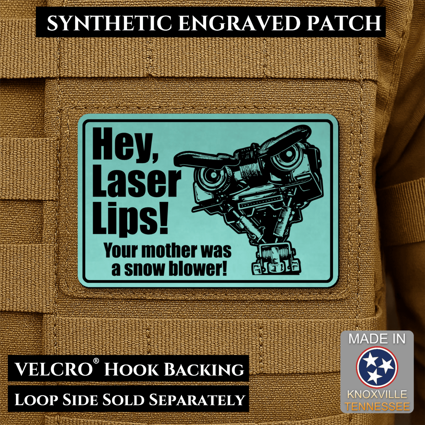 Hey Laser Lips, Johnny 5 Retro Funny Morale Patch, 2x3" | Made in USA | VELCRO® Brand Hook Backing - LoneStar Adhesive