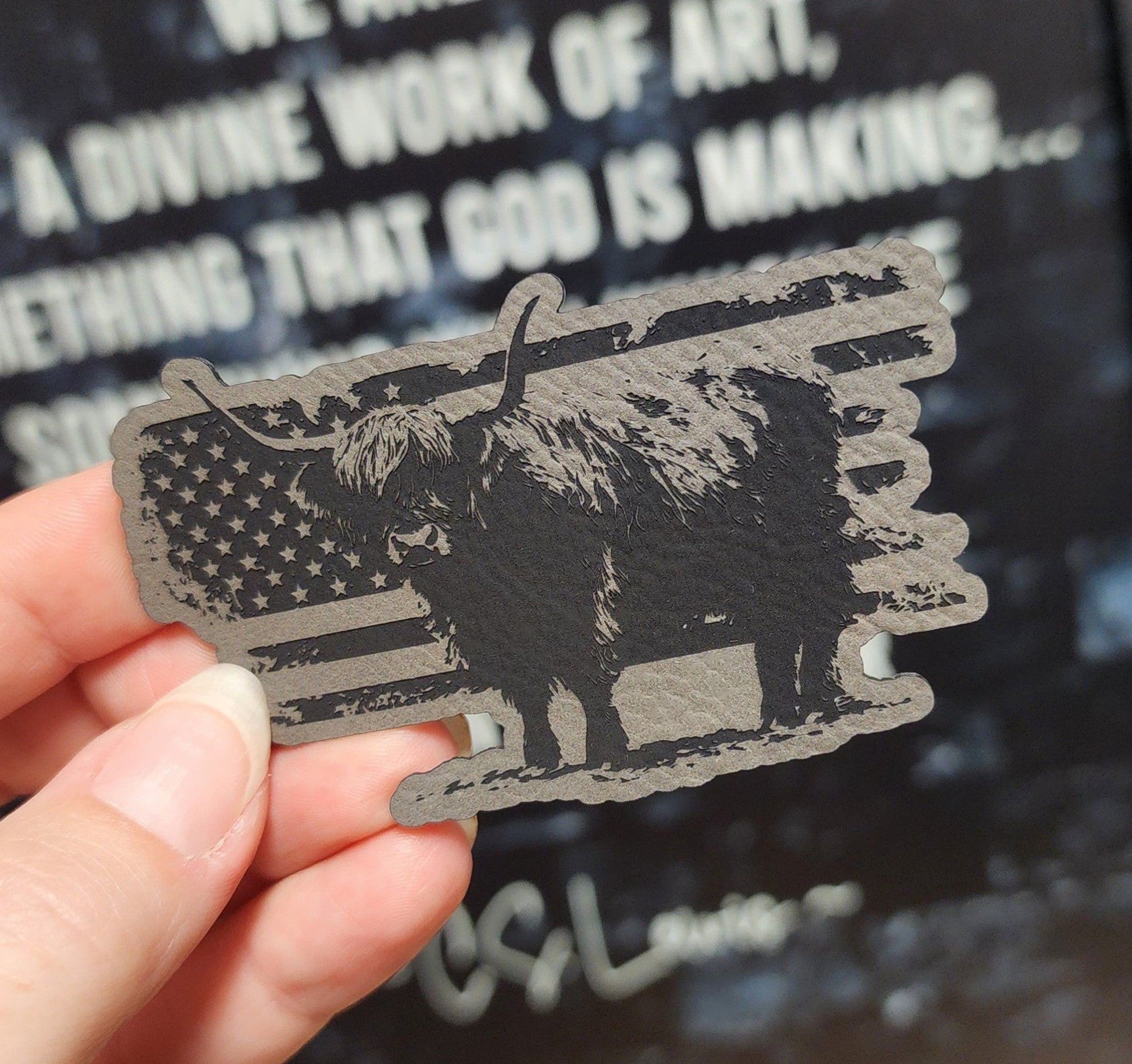 Highland Cattle Flag Grey Engraved Leatherette Hat Patch - MR01 - LoneStar Adhesive