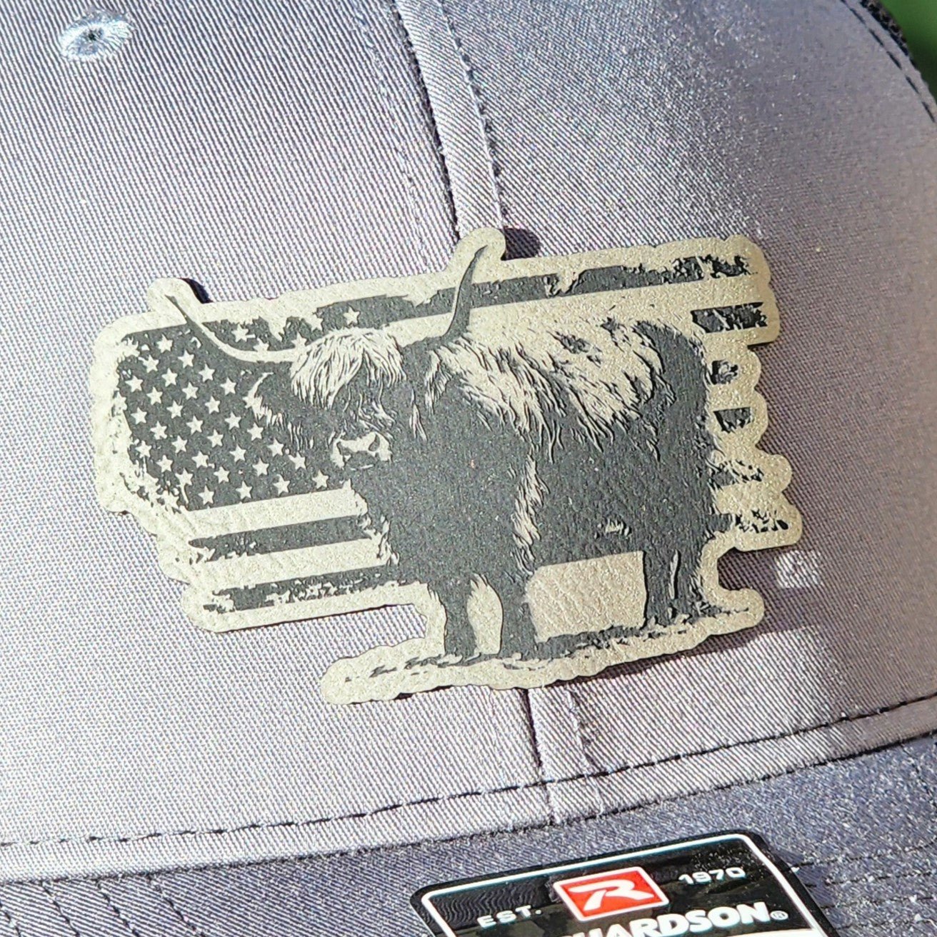 Highland Cattle Flag Grey Engraved Leatherette Hat Patch - MR01 - LoneStar Adhesive