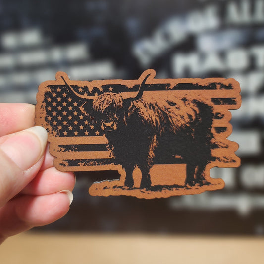 Highland Cow American Pride (Rawhide) Engraved Leatherette Hat Patch - MR01 - LoneStar Adhesive
